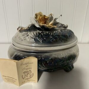Vintage Capodimonte Handpainted Flowers White Gold Footed Covered Trinket Box